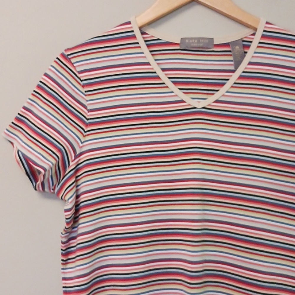 Kate Hill V- Neck Cotton Striped Short Sleeve T-shirt Size XL